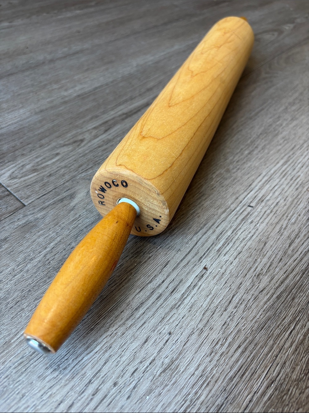 Vintage Rowoco Wooden Rolling Pin in Natural Wood Tone USA